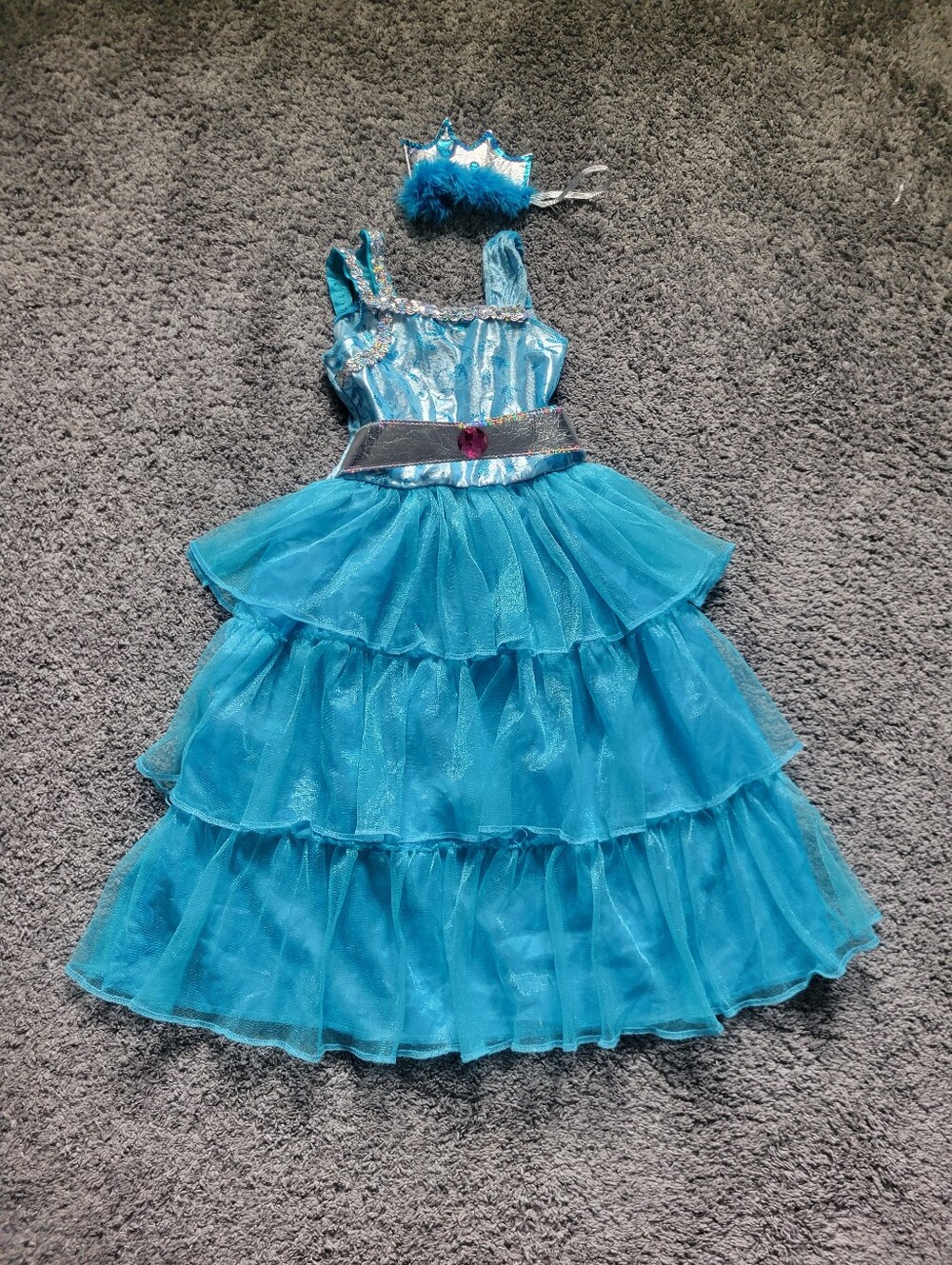 Blue Princess Tulle Tiered Kids Costume Dress with Crown Size 3+ Like New